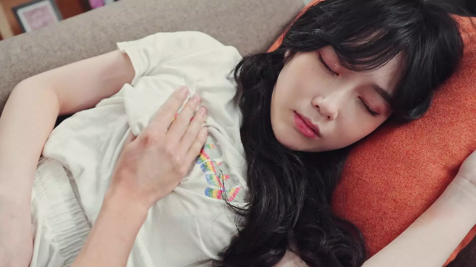 Brother caresses stepsister on the pussy