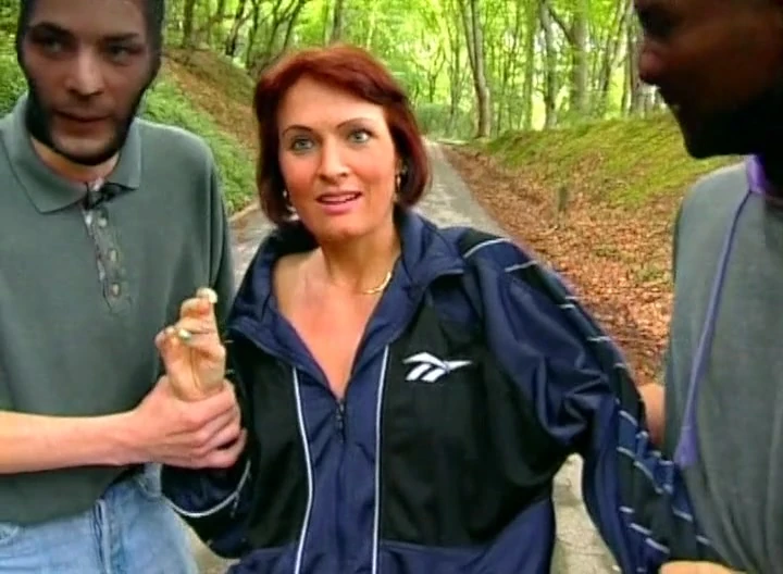 Redhead German woman getting fucked by three random dudes in the woods